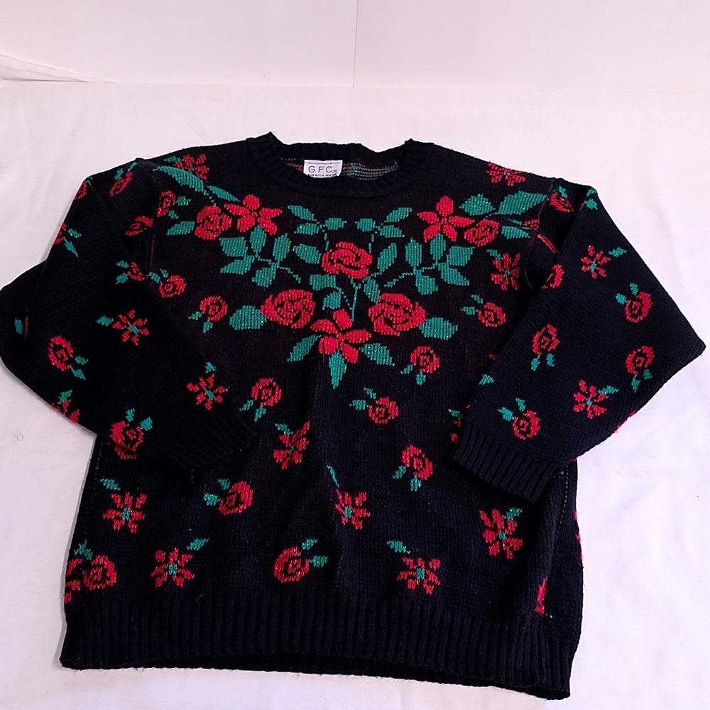 Vintage 80s G.F.C. LTD. Sweater Women M Black Red Rose Floral USA Grannycore